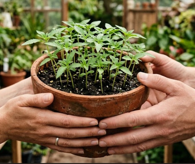 Manos sosteniendo una maceta con plantines de cannabis medicinal
